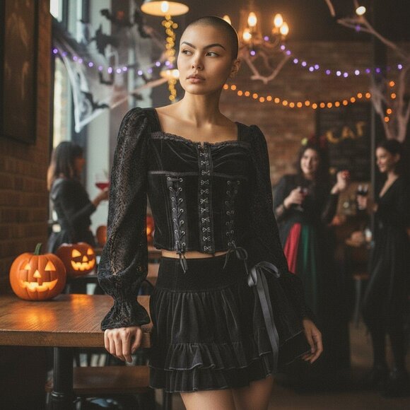 Shrine Women's Gothic Corset Top Mini Skirt Set Vintage Halloween Costume Y2K - Picture 2 of 13